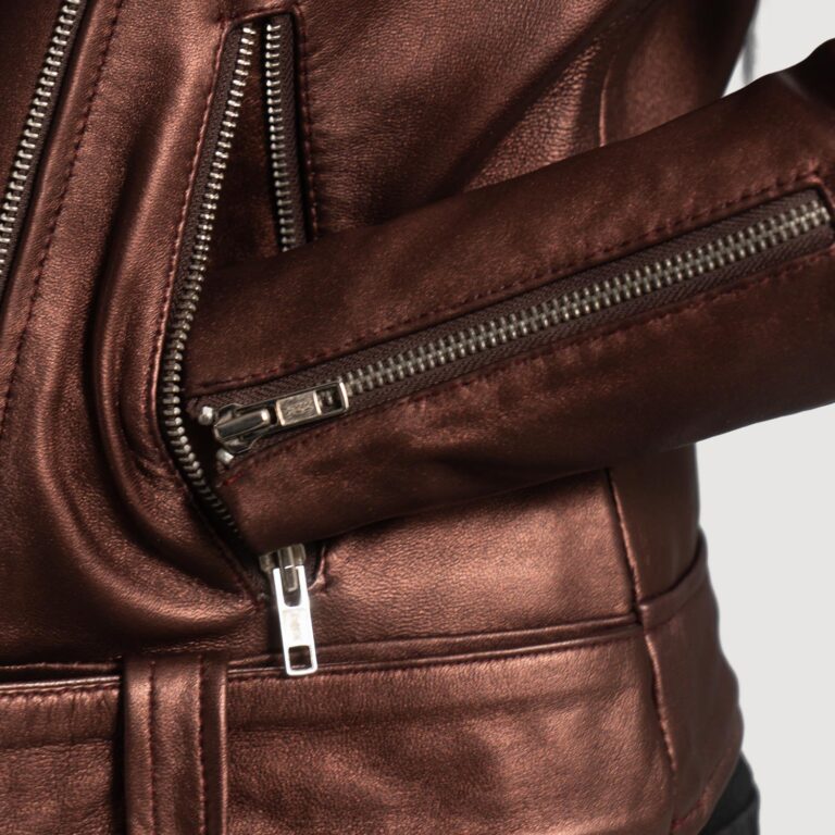 Womens Rumy Maroon Leather Biker Jacket Close-Up-9-1664352146642